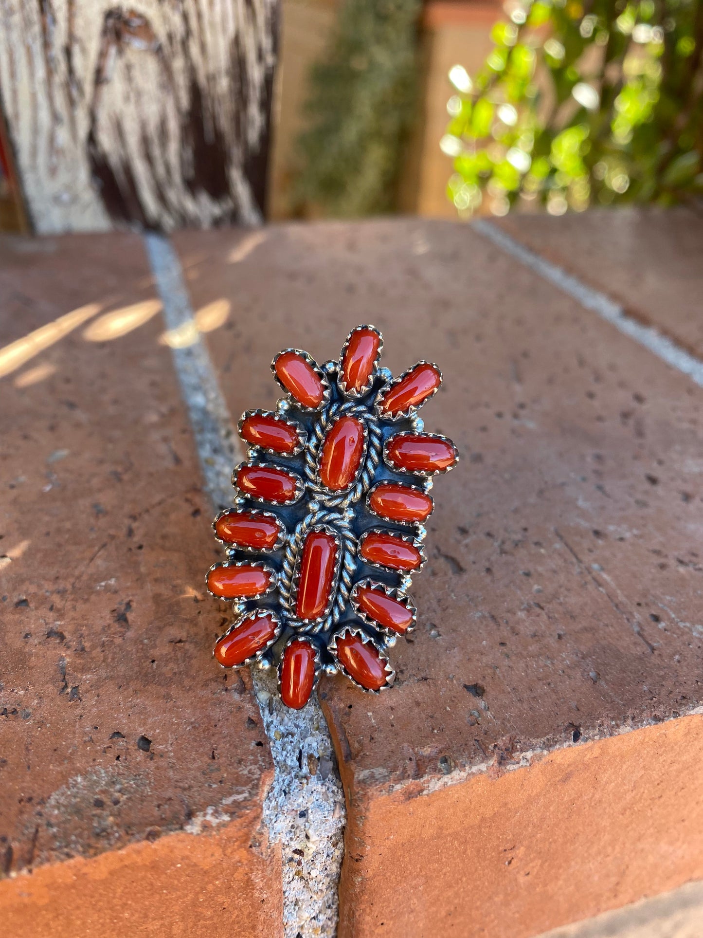 Handmade Sterling Silver And Coral Adjustable Cluster Ring