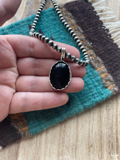 Navajo Black Onyx & Sterling Silver Pendant Signed